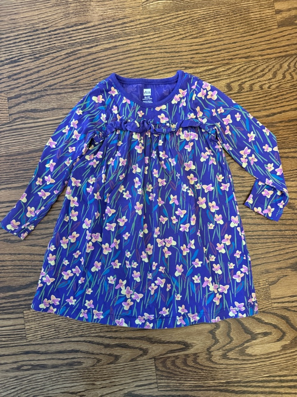 Tea Collection Purple Floral Long Sleeve Knit Dress with Pink Blooms